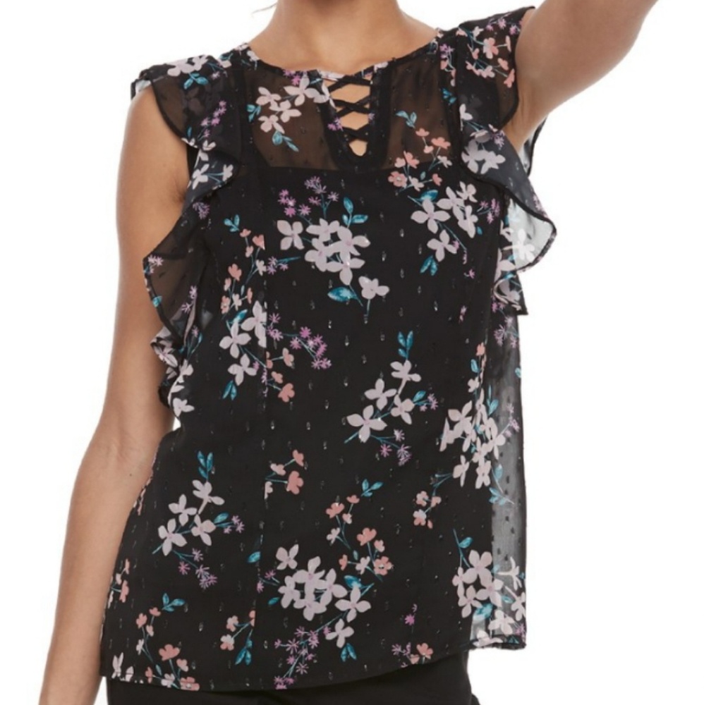 Candie's flutter sleeve floral top blouse tee shirt sheer black xsmall